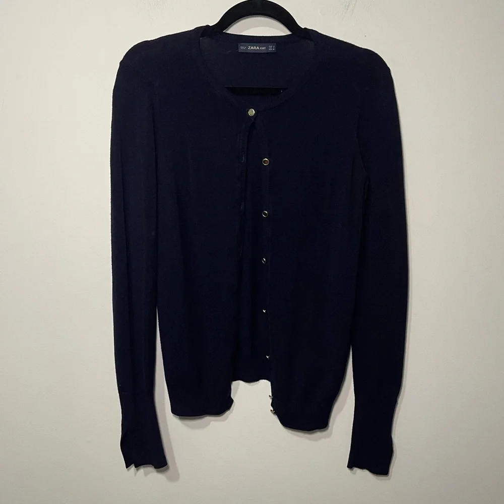 Zara women’s Knit Navy Button Front Cardigan Sweater with Sleeve cuts in Size M - Picture 1 of 10